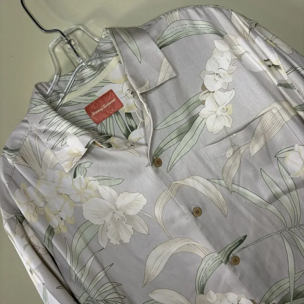 Tommy Bahama Short Sleeve Floral Hawaiian 100% Silk Button Shirt Size Large sz L